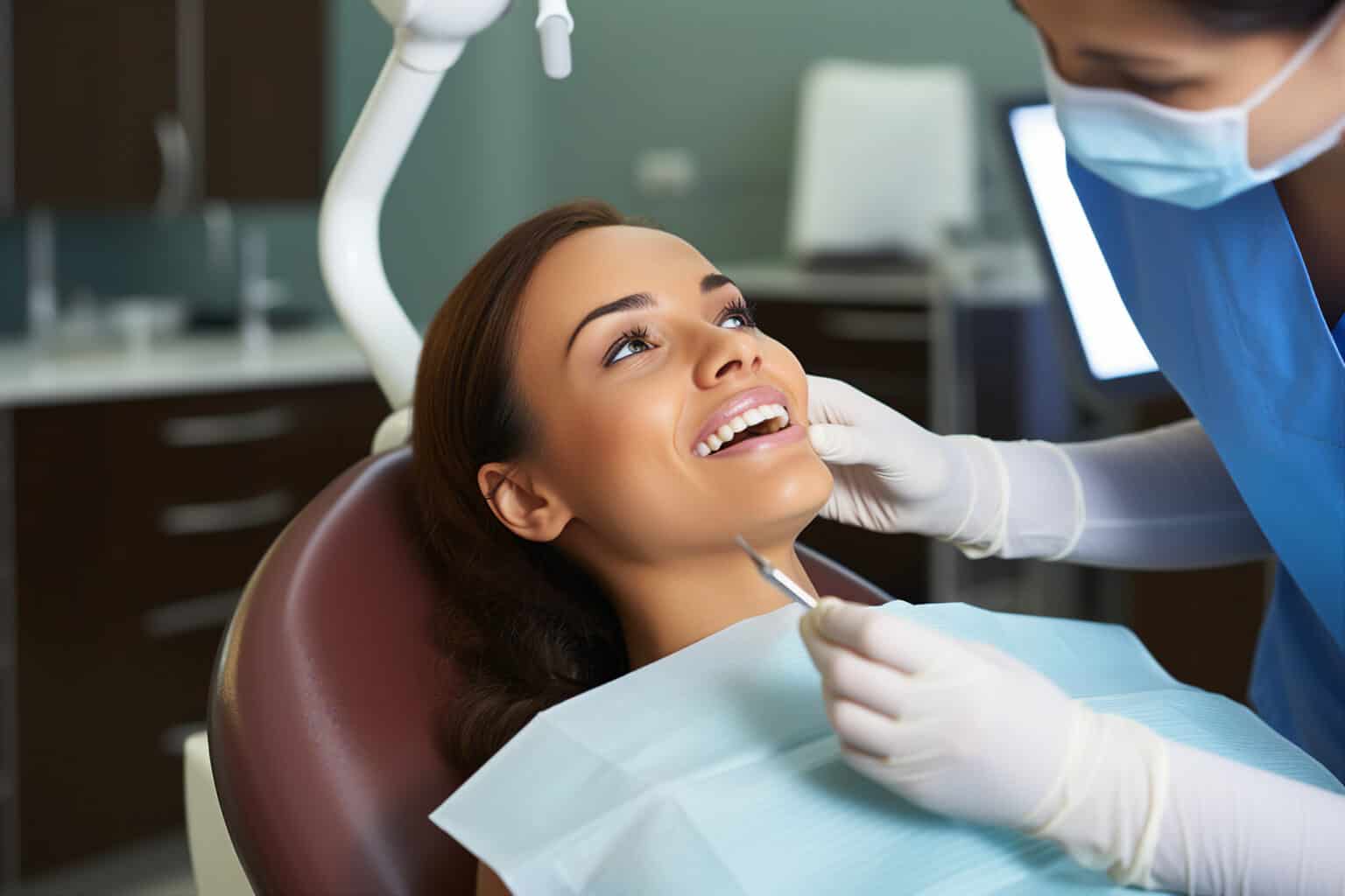 happy young patient sitting on chair in dentist's office concept of healthy and beaming smile.